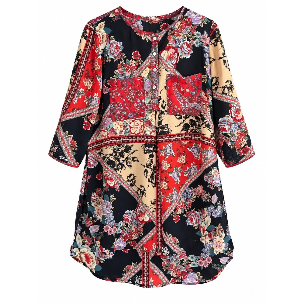 Valerie Stevens Patchwork Floral Tunic Blouse Size S Boho 3/4 Sleeve